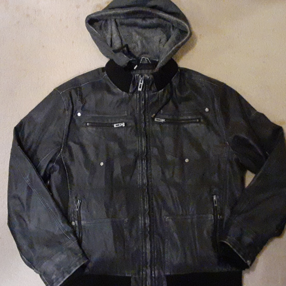 Mens projek raw leather coat with cotton fleece hood